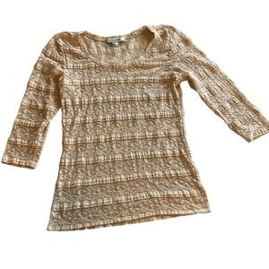 Y2K Womens Large Sheer Lace Beige Taupe 3/4 Sleeve Romantic Boho Layering Top